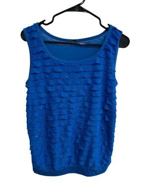 Womens Blue Tiered Ruffle Sequin Scoop Neck Sleeveless Tank Top Size L Boho Chic